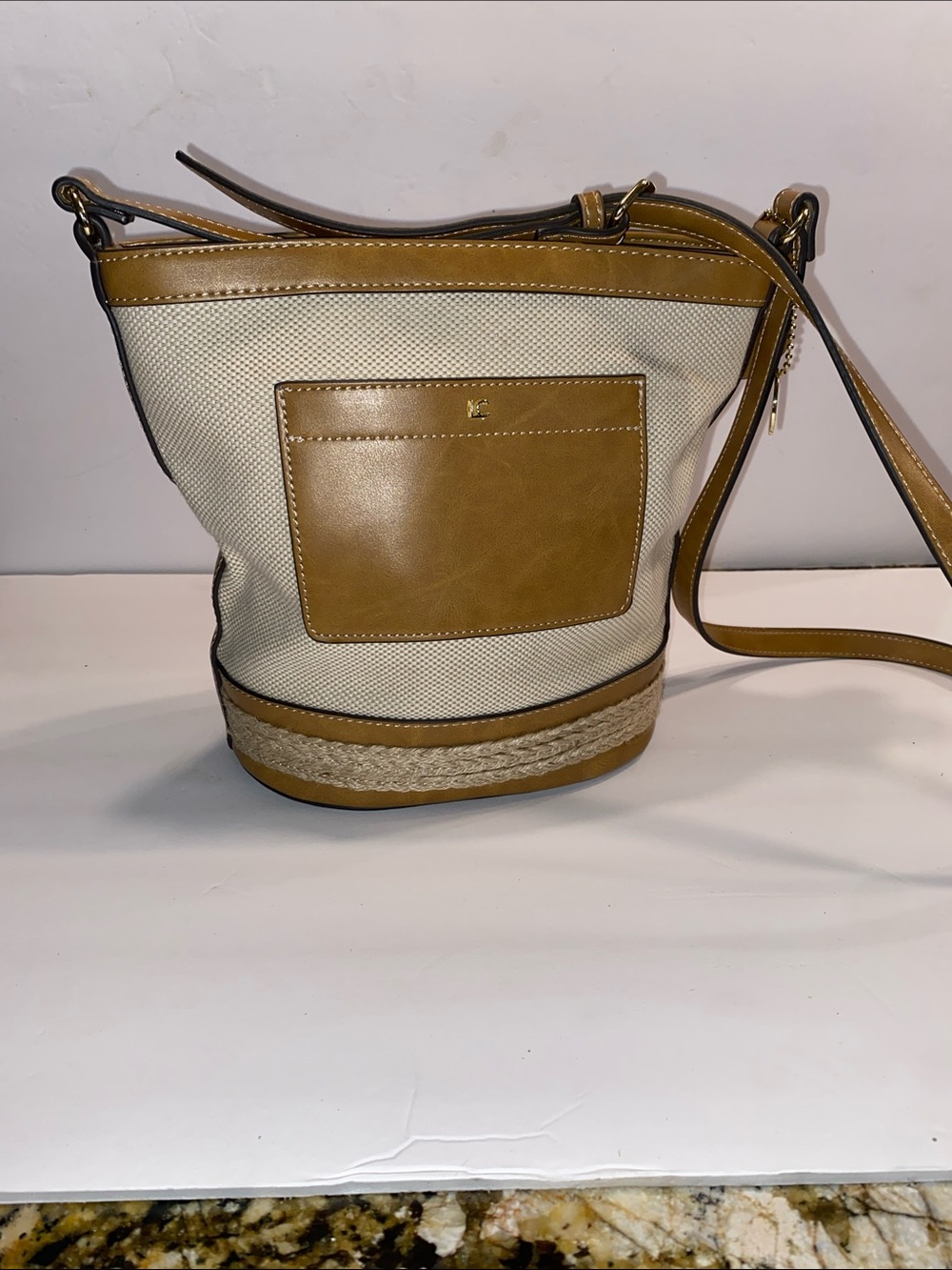 Faux Leather-Trim Canvas Bucket Bag in Tan